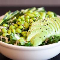 Green Bowl · mix greens, quinoa, steamed kale, cucumber, edamame, avocado, sesame seeds, creamy jalapeno-...