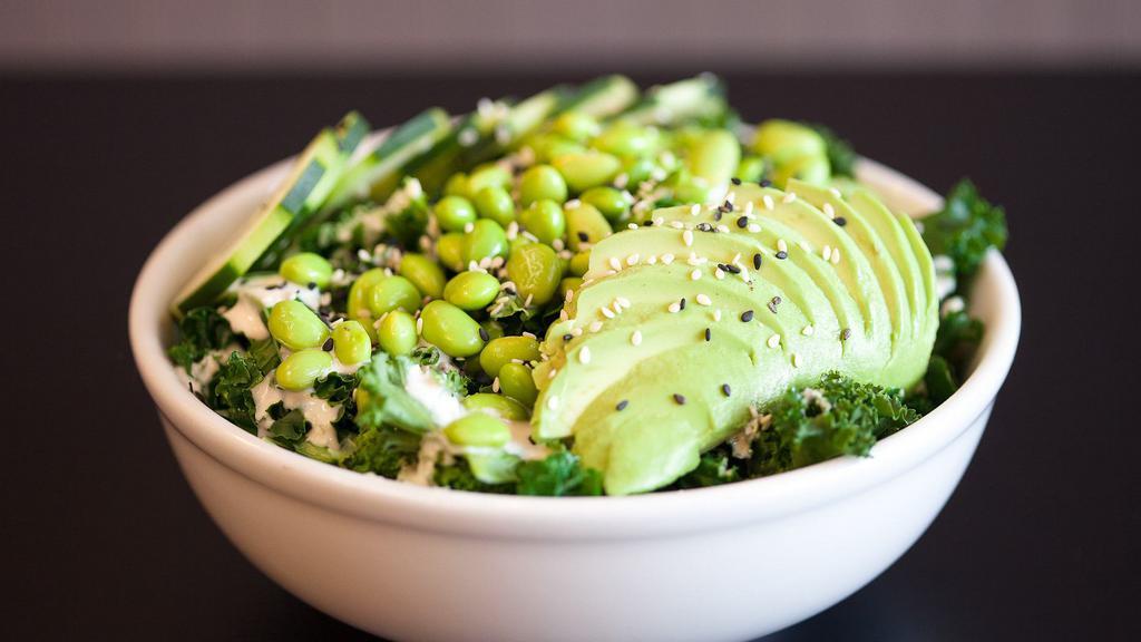 Green Bowl · mix greens, quinoa, steamed kale, cucumber, edamame, avocado, sesame seeds, creamy jalapeno-date dressing