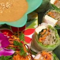 Fresh Spring Roll · Fresh rice paper rolls, tofu, mixed green, bean sprouts, and mints. Served with chili peanut...