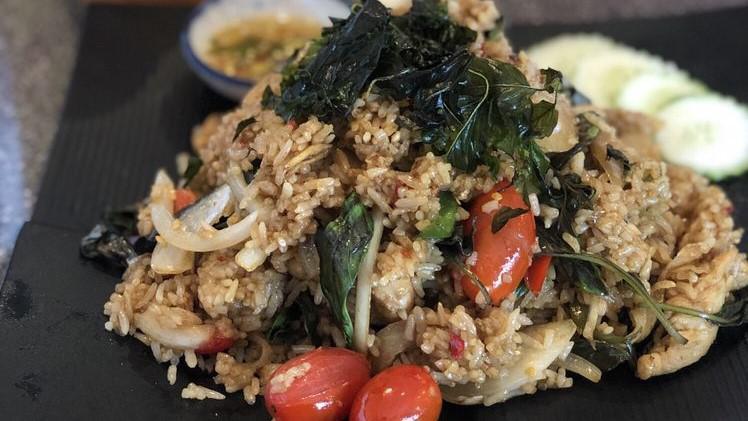 Basil Fried Rice · Onion, tomato, bell pepper, carrot, and basil leaves in chili-garlic sauce.