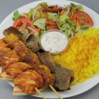 Chicken, Pork & Gyro · Includes salad, lemon rice, pita bread, tzatziki, and Greek dressing.