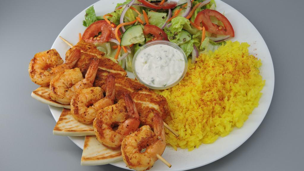 Chicken & Shrimp · Includes salad, lemon rice, pita bread, tzatziki, and Greek dressing.