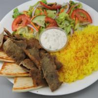 Gyro Meat Plate · Includes salad, lemon rice, pita bread, tzatziki, and Greek dressing.