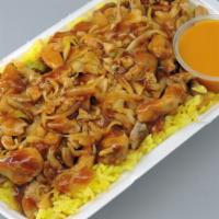 Chicken And Rice · Chicken thigh and leg meat cooked with cabbage, red onion, and house sauce. Served over lemo...