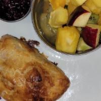 Baked Brie En Croûte · Baked with prosciutto ham, bavarian ham and imported brie cheese. Served with fresh fruit an...
