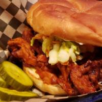 Bbq Sandwich · House BBQ soy curls, cole slaw, bread and butter pickles, garlic mayo served on a bun