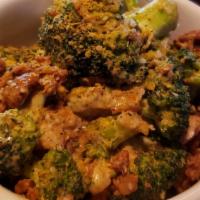Broccoli Bacon Salad · Broccoli, red onions, and soy curl 