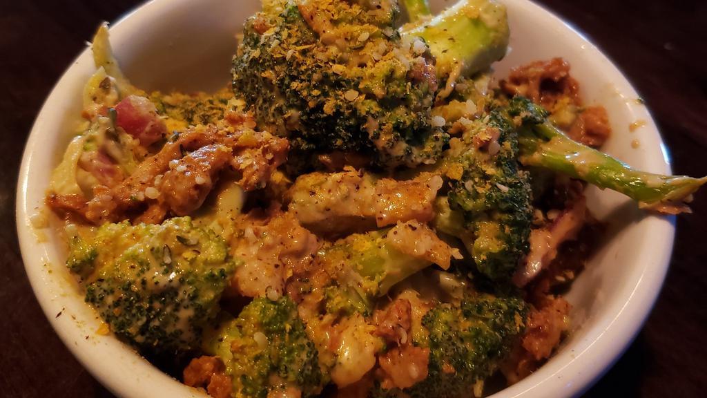 Broccoli Bacon Salad · Broccoli, red onions, and soy curl 