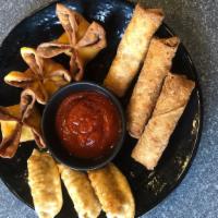 A Taste Of The Bounty · Three piece of each egg rolls, potstickers, crab rangoons, served with sweet and sour dippin...