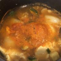 Pork Tofu Soup Combo · Tofu soup with porl, steamed rice, Eomuk, Kimchi
