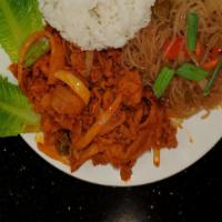 Spicy Daeji Bulgogi Combo · Spicy Pork BBQ, steamed rice, two side dishes