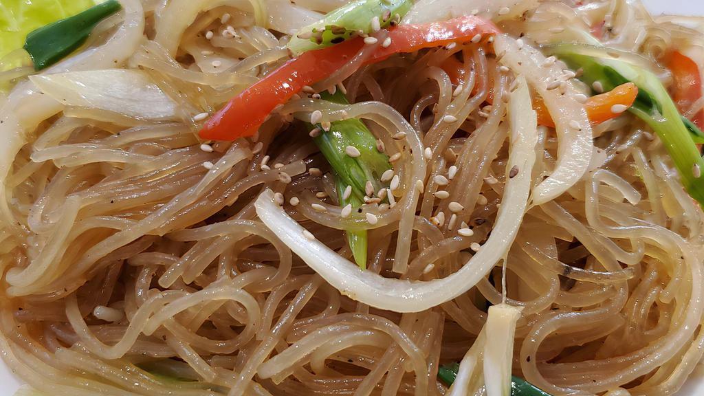 Japchae, Glass Noodle · Sweet savory fried noodle with bbqed beef and vegetables.
