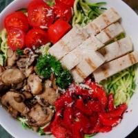Pesto Zoodle Salad · Spiralized zucchini, basil pesto, grilled chicken breast, grape tomatoes, roasted red pepper...
