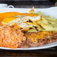 Red Chilaquiles · Triangle corn tortilla smothered in Chile, Two eggs (with a side of rice and beans)