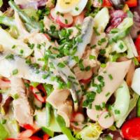 Salade Nicoise Half · Romaine lettuce, topped with eggs, onion, olives , tomatoes and green beans, and tuna (pleas...