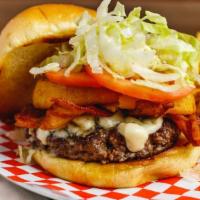Steakhouse Burger · blue cheese, bacon, onion rings, lettuce, tomatoes, steakhouse aioli