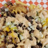 5Th Street Burger Fries · waffle fries, melted american cheese, beef patty, lettuce, diced pickles, tomatoes, red onio...