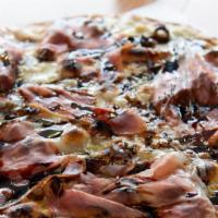 Dattero · Extra-virgin olive oil, fresh mozzarella, prosciutto di parma, dates, gorgonzola, balsamic r...