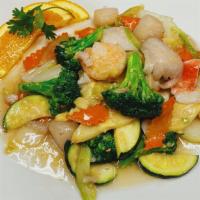 Combination Seafood  · Shrimp, fish, scallop, and imitation crab stir-fried with assorted vegetables (Broccoli, Nap...
