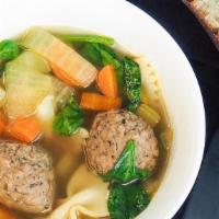 Italian Wedding Soup · Vegetable Broth | Carrots| Onions| Fresh Spinach | Pasta | Meatballs
