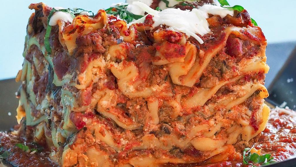 Lasagna · Sheets of Pasta| Sausage Crumbles | Cashew Ricotta Spinach | Marinara | Basil | Parmesan