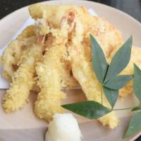 Tempura (Dinner) · Lightly fried prawns, white fish, and vegetables with dipping sauce. Served with kobachi, ri...
