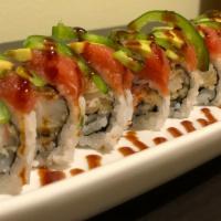 American Dream Roll · Snow crab and tempura shrimp topped with spicy tuna, avocado, and sliced jalapeño.