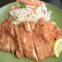 Chicken Katsu (Dinner) · Boneless chicken breaded and deep-fried, with dipping sauce. Served with kobachi, rice, miso...
