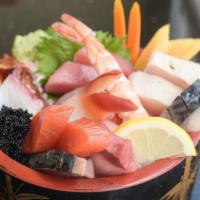 Chirashi (Dinner) · Assorted sashimi served over sushi rice. Served with kobachi, miso soup, and fruits.