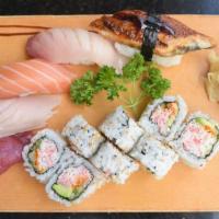 Ginza Plate (Dinner) · Five pieces of sushi and California roll or spicy tuna roll. Served with kobachi, miso soup,...