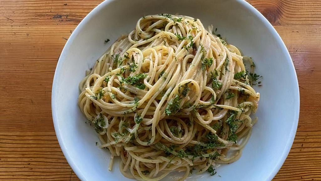 Spaghetti With Anchovy · • Anchovy. • Garlic. • Chili . • Mint . • Parmesan