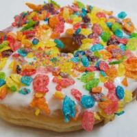 Fruity Pebble · Raised donut, vanilla frosted, fruity pebble covered
