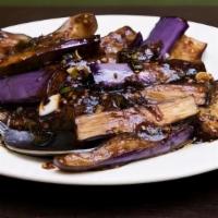 Spicy Garlic Eggplant · Spicy. Vegan. Fresh Japanese eggplant and Sichuan garlic sauce.
