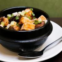 Pork Belly Ma Po Tofu · Spicy. Braised pork belly, steamed tofu, peas, white mushrooms, and spicy Sichuan bean sauce...