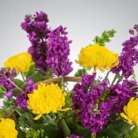 Snappy · Snappy is a bright and fragrant arrangement featuring yellow mums and purple stock. A great ...