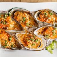 Green Mussels (6) · Spicy. Oven baked mussels topped with masago, spicy mayo and scallions. 

*Advisory: consumi...