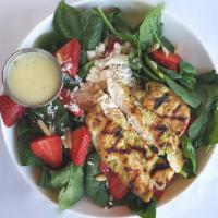 Strawberry Spinach Salad With Chicken · Grilled chicken breast, fresh baby spinach, strawberries, slivered almonds, feta crumbles, w...