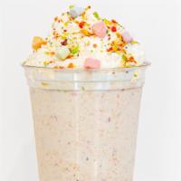 Over The Rainbow Shake  · Vanilla Ice Cream, Fruity Pebbles, Cap'n Crunch, and Milk. Topped with Whipped Cream, Crushe...
