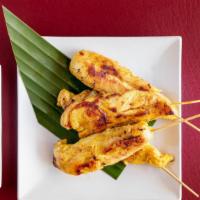 Chicken Satay · Four pieces. Chicken marinated overnight with Thai herbs, satay powder and coconut milk then...