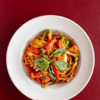 Pad Gra Prow · Sautéed with meat, bell peppers, onions, carrots, bamboo shoot, green beans, and Thai basil....