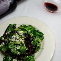 Francesca · Wild greens with green apples, pears, gorgonzola, candied pistachios and balsamic vinaigrette.