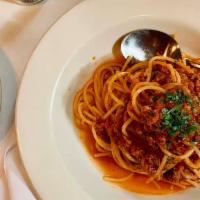 Spaghetti Bolognese · Spaghetti with classic Italian meat sauce.