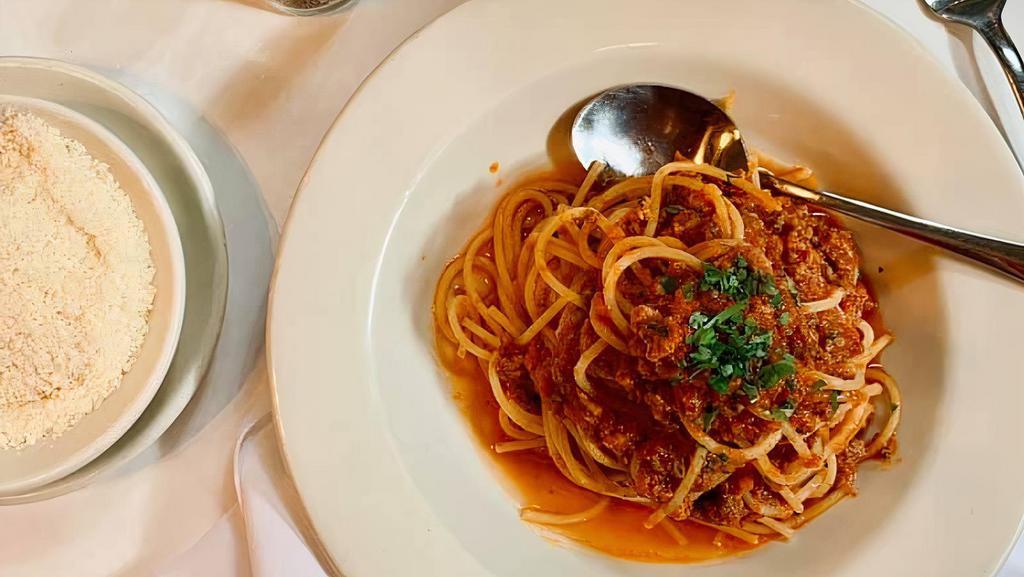 Spaghetti Bolognese · Spaghetti with classic Italian meat sauce.