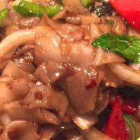 Drunken Noodle · Stir-fried with flat rice noodle, bell pepper, onion, sweet basil, and chili garlic sauce. S...