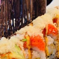 Spicy Girl Roll · Shrimp tempura, crab meat inside, topped w/ spicy tuna, avocado, spicy mayo, eel sauce, crun...
