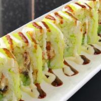 Green Monster Roll · Deep fried eel, crab meat, cucumber, avocado wrapped in soy paper, topped w/white sauce, sea...