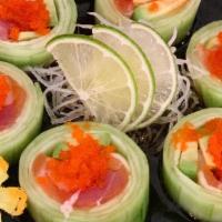 Naruto · Tuna, salmon, yellowtail, avocado, kani, masago wrapped with cucumber.