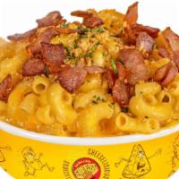 Bacon Mac N' Cheese · Our house cheese sauce, scallions, loads of bacon, topped with toasted bread crumbs.