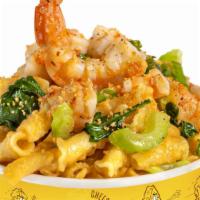 Shrimp Mac N’ Cheese · Shrimp, scallions, celery, spinach, cheese sauce, topped with toasted bread crumbs.