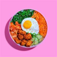 Fried Chicken Bibimbap · Fried chicken with white rice, kimchi, shredded carrots, cucumber, scallions, sesame seeds, ...